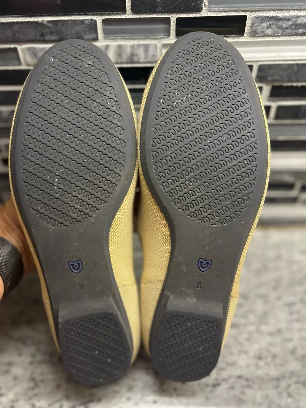 Rothy's Tan/cream Ballet Flats with Black Bow Trim and Blue Piping size 8